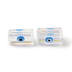 Deep Sky Blue Transparent Glass Beads, with Enamel, Rectangle with Evil Eye Pattern, Deep Sky Blue, 12.5x8x7mm, Hole: 1.5mm