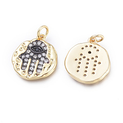 Gunmetal & Golden Brass Micro Pave Cubic Zirconia Pendants, with Jump Rings, Long-Lasting Plated, Cadmium Free & Lead Free & Nickel Free, for Religion, Hammered, Flat Round with Hamsa Hand/Hand of Fatima /Hand of Miriam, Clear, Gunmetal & Golden, 18x16x2mm, Hole: 3.4mm