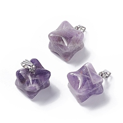 Amethyst Natural Amethyst Pendants, Merkaba Star Charms, with Stainless Steel Color Plated 201 Stainless Steel Findings, 18~20x14~15x14~15mm, Hole: 8x3mm