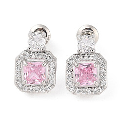 Pink Серьги-гвоздики из латуни с микропаве из кубического циркония, долговечный, квадратный, платина, розовые, 13.5x9.5 мм