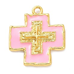 Pink Alloy Enamel Pendants, Golden, Cross, Pink, 42x37x5mm, Hole: 3.4mm