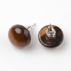 Tiger Eye Half Round Dome Natural Tiger Eye Stud Earrings, with Platinum Plated Brass Findings, 18mm, Pin: 0.8mm
