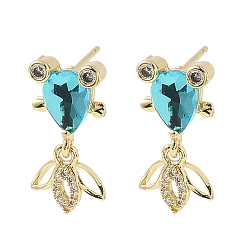 Голубой Серьги-гвоздики в форме рыбок из латуни с микропаве из кубических цирконий, со стеклом, стойки покрытие, золотые, голубой, 20.5x10.5 мм