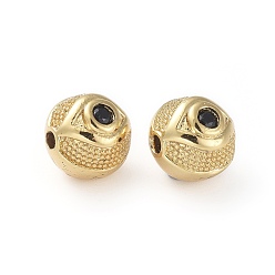 Black Brass Micro Pave Cubic Zirconia Beads, Round with Eye, Golden, Black, 7.5~8mm, Hole: 1.4mm