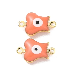 Coral Brass Enamel Connector Charms, Real 18K Gold Plated, Evil Eye Pattern, Coral, 12.5x8x3.5mm, Hole: 1mm