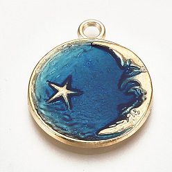 Marine Blue Alloy Enamel Pendants, Cadmium Free & Lead Free, Flat Round with Moon and Star, Golden, Marine Blue, 26x21x2.5mm, Hole: 2.5mm