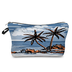 Steel Blue Coconut Tree Pattern Polyester Waterpoof Makeup Storage Bag, Multi-functional Travel Toilet Bag, Clutch Bag with Zipper for Women, Steel Blue, 220x135mm