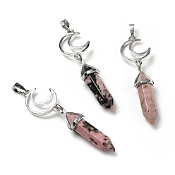 Rhodonite Natural Rhodonite Double Terminated Pointed Big Pendants, with Platinum Tone Brass Findings, Cadmium Free & Lead Free, Moon with Bullet, Faceted, 70~75mm, Hole: 4.6x8mm