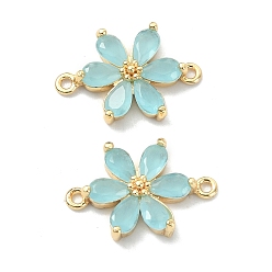 Sky Blue Brass Pave Cubic Zirconia Connector Charms, Flower Links, Real 18K Gold Plated, Sky Blue, 17x11.5x3.5mm, Hole: 1mm