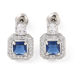 Королевский синий Серьги-гвоздики из латуни с микропаве из кубического циркония, долговечный, квадратный, платина, королевский синий, 13.5x9.5 мм