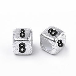 Number Perles acryliques antiques plaquées argent, cube avec numéro noir, num. 8, 6mm, Trou: 3mm, environ150000 pcs / 25000 g
