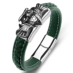 Dark Green Stainless Steel Owl Link Bracelet with Leather Cord, Punk Bracelet with Magnetic Clasp for Men Women, Dark Green, 6-1/2 inch(16.5cm)