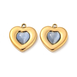Light Steel Blue 304 Stainless Steel Charms, with Cat Eye, Heart Charm, Real 14K Gold Plated, Light Steel Blue, 14x13x3.5mm, Hole: 1.2mm