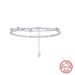 Real Platinum Plated Rhodium Plated 925 Sterling Silver Satellite & Paperclip Chains Double-Layer Multi-strand Bracelet, with S925 Stamp, Real Platinum Plated, 6-1/2 inch(16.6cm)