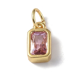Pink Glass Charms, with Real 18K Gold Plated Brass Findings and Jump Rings, Rectangle, Pink, 10x5.5x3mm, Hole: 3.5mm