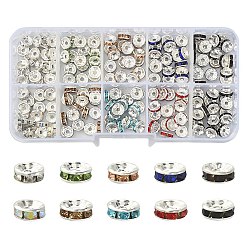Mixed Color 200Pcs 10 Colors Iron Flat Round Spacer Beads Sets, Silver Color, with Rhinestone, Mixed Color, 8mm, 20pcs/color