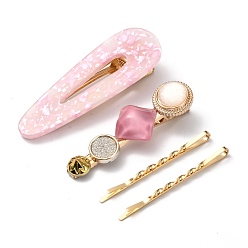 Hot Pink Iron Alligator Hair Clips Sets, with Cellulose Acetate(Resin), Teardrop & Flat Round and Rhombus, Golden, Hot Pink, 55~69x5~23.5x2~16mm, 4pcs/set