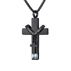 Pale Turquoise 304 Stainless Steel Religion Cross Pendant Memorial Urn Ash Necklaces, March Birthstone Necklace, Cable Chain Necklace, Pale Turquoise, Pendant: 35x22mm