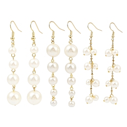 Золотой 3 пары 3 стили стеклянные жемчужные серьги-подвески, с 304 нержавеющей стали серьги крючки, круглые, золотые, 69~81x12 мм, 1 пара / стиль