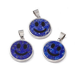 Lapis Lazuli Natural Lapis Lazuli Pendants, Flat Round with Smiling Face Charms, with Rack Plating Platinum Tone Brass Findings, Cadmium Free & Lead Free, 21x18.5x3mm, Hole: 4x6mm
