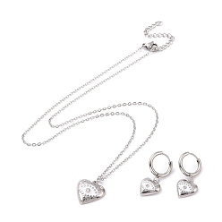 Stainless Steel Color White Enamel Heart with Evil Eye Dangle Hoop Earrings and Pendant Necklace, 304 Stainless Steel Jewelry Set for Women, Stainless Steel Color, 17.72 inch(45cm), 29mm, Pin: 1mm