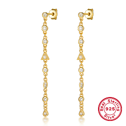 Real 18K Gold Plated 925 Sterling Silver Stud Earrings, Cubic Zirconia Chains Tassel Earrings, Real 18K Gold Plated, 43x30mm