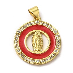 FireBrick Rack Plating Brass Enamel Clear Cubic Zirconia Pendants, Real 18K Gold Plated, Long-Lasting Plated, Round with Saint, FireBrick, 23x20x2mm, Hole: 5x3mm