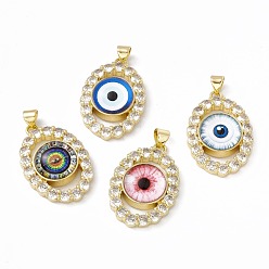 Mixed Color Rack Plating Brass Micro Pave Clear Cubic Zirconia Pendants, with Resin, Real 18K Gold Plated, Long-Lasting Plated, Cadmium Free & Lead Free, Oval with Evil Eye, Mixed Color, 29x19.5x7mm, Hole: 4x3mm