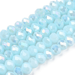 Light Cyan Electroplate Glass Beads Strands, Opaque Solid Color, AB Color Plated, Faceted, Rondelle, Light Cyan, 4x3mm, Hole: 0.4mm, about 123~127pcs/strand, 16.5~16.9 inch(42~43cm)