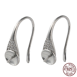 Real Platinum Plated Rhodium Plated 925 Sterling Silver Dangle Earring Hooks, with Clear Cubic Zirconia, Ear Wire with Pinch Bails, for Half Drilled Beads, with S925 Stamp, Real Platinum Plated, 21 Gauge, 16x5.5mm, Pin: 0.7mm and 0.8mm