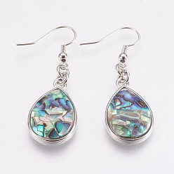 Colorful Natural Abalone Shell/Paua Shell Dangle Earrings, with Platinum Tone Brass Findings, teardrop, Colorful, 47mm, Pin: 0.7mm