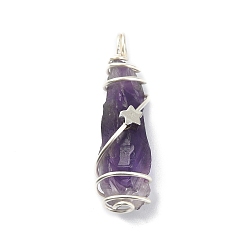 Amethyst Natural Amethyst Pendants, Silver Color Plated Copper Wire Wrapped Nuggets Charms with Star, Silver Color Plated, 23~46x10~17x8~13mm, Hole: 4mm