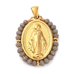 Серый Ионное покрытие (ip) 304 овальные подвески из нержавеющей стали в форме граненого ронделя с травяным покрытием, прелести девы марии, реальный 18 k позолоченный, серые, 29x23x4 мм, отверстие : 5x3 мм