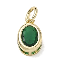 Green Brass Pave Cubic Zirconia Charms, Oval Charms, Single Stone Charms, Long-Lasting Plated, Rack Plating, Lead Free & Cadmium Free, Real 18K Gold Plated, Green, 12x8x6mm, Hole: 4mm