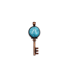Synthetic Turquoise Synthetic Turquoise Dyed Big Pendants, Red Copper Plated Alloy Key Charms, 62x22mm