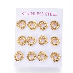 Golden 304 Stainless Steel Stud Earrings, Hypoallergenic Earrings, Interlocking Rings, with Ear Nuts, Golden, 13mm, Pin: 0.8mm, 6pairs/card