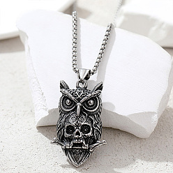Antique Silver Stainless Steel Pendant Necklaces, Owl with Skull, Antique Silver, 23.62 inch(60cm)