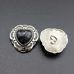 Черный Кнопка сплава хвостовиком, с синтетическими бирюзовый, сердце, чёрные, 29x30 мм