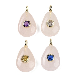 Розовый Кварц Природного розового кварца подвески, подвески в форме слезы с латунной микропаве с кубическими цирконами разных цветов, золотые, 20x12x6.5 мм, отверстие : 2x1 мм