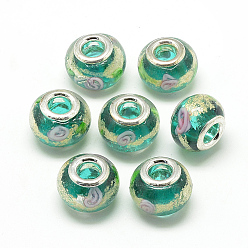 Green Handmade Gold Sand Lampwork European Beads, with Brass Double Cores, Large Hole Beads, Rondelle, Platinum, Green, 13.5~14.5x10.5~11mm, Hole: 5mm