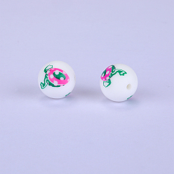 White Printed Round with Egg Pattern Silicone Focal Beads, White, 15x15mm, Hole: 2mm