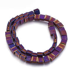 Purple Plated Electroplate Non-magnetic Synthetic Hematite Bead Strands, Frosted, Grooved, Square, Purple Plated, 8x8x5mm, Hole: 1.5mm, about 54pcs/strand, 16.7 inch(42.5cm)