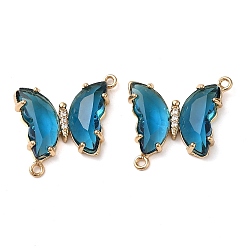 Steel Blue Brass Pave Faceted Glass Connector Charms, Golden Tone Butterfly Links, Steel Blue, 20x22x5mm, Hole: 1.2mm