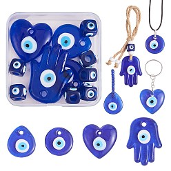 Dark Blue DIY Jewelry Making Finding Kit, Including Teardrop & Flat Round & Heart & Hansa Hand Lampwork Pendants, Column Resin European Beads, Dark Blue, 16Pcs/box