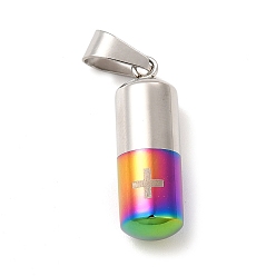 Rainbow Color Ion Plating(IP) 304 Stainless Steel Openable Capsule Pill Box Pendants, Medical Cross Pill Container Charms with Snap on Bails for Jewelry Necklace Making, Stainless Steel Color, Rainbow Color, 28x9mm, Hole: 9x4mm
