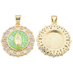 Light Green Brass Micro Pave Clear Cubic Zirconia Pendants, with Enamel and Shell, Real 18K Gold Plated, Nickel Free, Flat Round with Virgin Mary, Light Green, 23.5x21x4mm, Hole: 3x4mm
