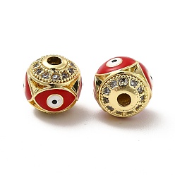 Red Brass Micro Pave Cubic Zirconia Beads, Round with Enamel Evil Eye, Real 18K Gold Plated, Red, 10x9.5mm, Hole: 1.6mm