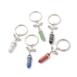 Mixed Stone Bullet Natural Mixed Gemstone and Alloy Heart with Wing Keychains, with Iron Split Key Rings, 8.5cm