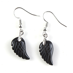 Black Agate Natural Black Agate Wings Dangle Earrings, Platinum Plated Brass Jewelry for Women, 18x10mm
