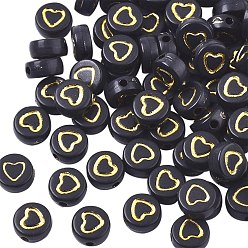 Black Opaque Acrylic Beads, Flat Round with Heart, Golden Plated, Black, 7x3~4mm, Hole: 1.5mm, about 740pcs/100g